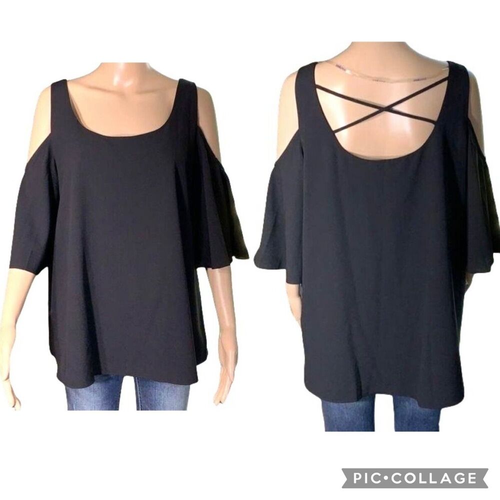 NWT Nygard Black Cold Shoulder Blouse Crisscross Back Flutter Sleeve Medium